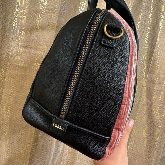 Fossil Sydney Satchel Velvet Patchwork Green Red Pink & Wallet NWT - Picture 3 of 12